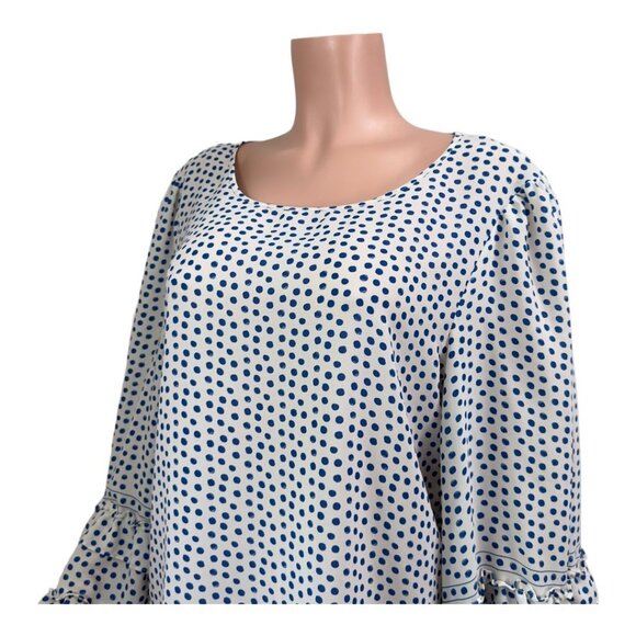 Max Studio Women SZ XL Blue Polka Dot Top Blouse Ruffle Bell 3/4 Sleeve Pullover - Picture 2 of 16